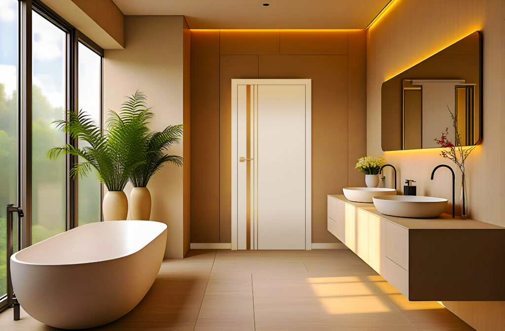 drzwi wewnętrzne ALMATURA LUX 421 w ponadczasowej okleinie biały ST CPL w aranżacji nowoczesnej łazienki.