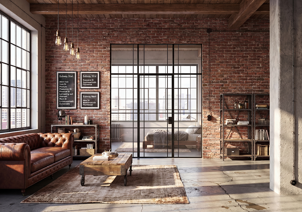 Drzwi loftowe LOFT ART 1 ERKADO z czarnymi aluminiowymi profilami i szklanymi przeszkleniami w nowoczesnym wnętrzu w stylu industrialnym.